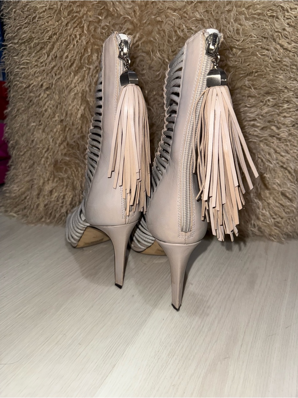 BCBGMaxAzria Blush Tassel Stiletto Sandals